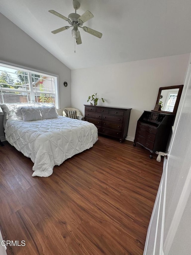216 N Fulton St, Ojai, CA 93023 - bedroom featuring vaulted ceiling, dark wood finished floors, and a ceiling fan