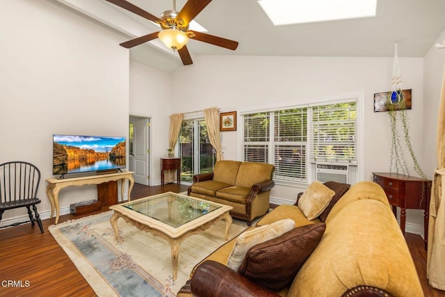 216 N Fulton St, Ojai, CA 93023 - living area with ceiling fan, wood finished floors, plenty of natural light, a skylight, and high vaulted ceiling