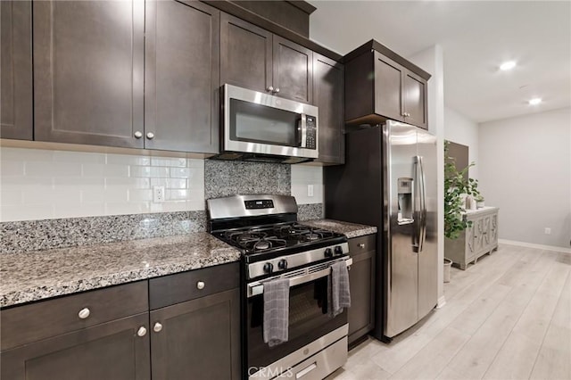 16502 Casa Grande Ave Unit 318, Fontana, CA 92336 - kitchen featuring stainless steel appliances, backsplash, dark brown cabinets, light wood finished floors, and recessed lighting