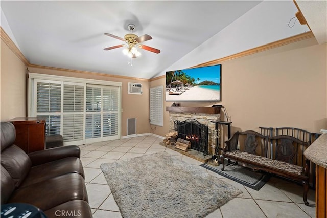 5647 Redwood Ave, Palmdale, CA 93551 - living area with vaulted ceiling, a ceiling fan, tile patterned flooring, an AC wall unit, and a stone fireplace