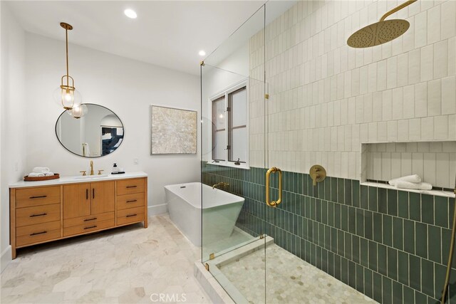 6 Rickie, Ladera Ranch, CA 92694 - full bath featuring a stall shower, a freestanding tub, vanity, and recessed lighting
