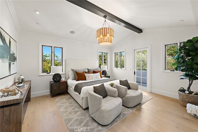 6 Rickie, Ladera Ranch, CA 92694 - bedroom with access to outside, light wood-type flooring, a chandelier, and crown molding