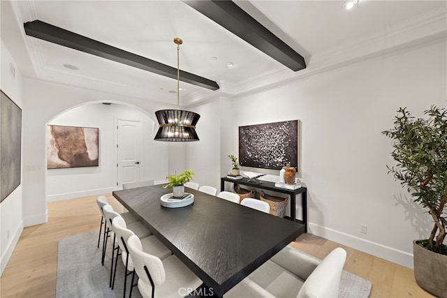 6 Rickie, Ladera Ranch, CA 92694 - dining room featuring light wood-type flooring, beam ceiling, arched walkways, crown molding, and recessed lighting