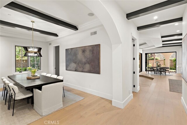 6 Rickie, Ladera Ranch, CA 92694 - dining room with beam ceiling, a chandelier, light wood-style flooring, arched walkways, and recessed lighting