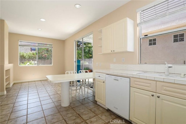 27861 Crown Court Cir Unit 72, Valencia, CA 91354 - kitchen featuring dishwasher, tile countertops, recessed lighting, open shelves, and light tile patterned flooring