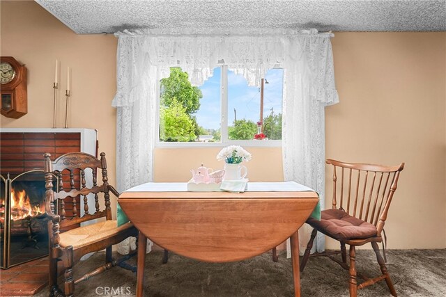 27439 Santa Clarita Rd, Saugus, CA 91350 - dining space with a textured ceiling, a fireplace, and carpet
