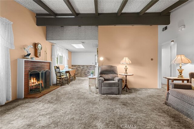 27439 Santa Clarita Rd, Saugus, CA 91350 - carpeted living area featuring beam ceiling and a brick fireplace
