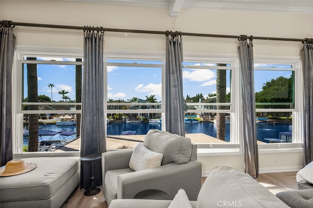 21891 Winnebago Ln, Lake Forest, CA 92630 - living room with a water view, ornamental molding, wood finished floors, and healthy amount of natural light