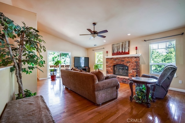 163 Wylerhorn Dr, Crestline, CA 92325 - living room with hardwood / wood-style flooring, ceiling fan, vaulted ceiling, a brick fireplace, and recessed lighting
