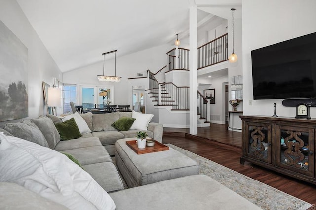 13655 Quinton Rd, San Diego, CA 92129 - living room featuring stairway, wood finished floors, high vaulted ceiling, and a chandelier