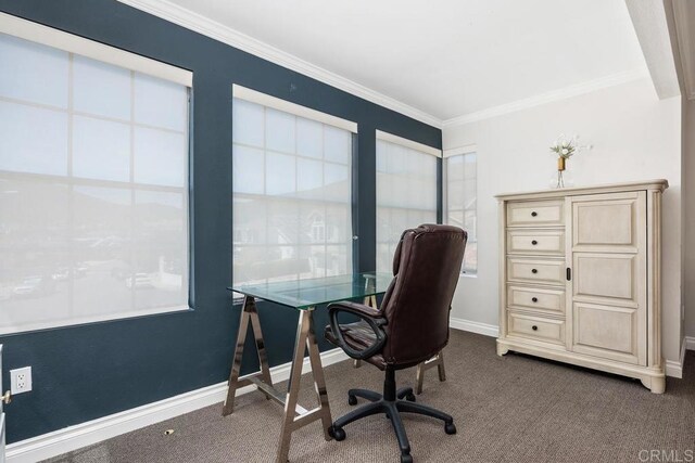 13655 Quinton Rd, San Diego, CA 92129 - office area featuring dark colored carpet and crown molding
