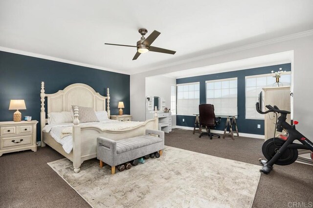 13655 Quinton Rd, San Diego, CA 92129 - bedroom with ornamental molding, dark colored carpet, a desk, and ceiling fan