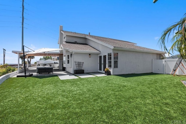 13655 Quinton Rd, San Diego, CA 92129 - back of house with french doors, stucco siding, a patio area, an outdoor hangout area, and a fenced backyard