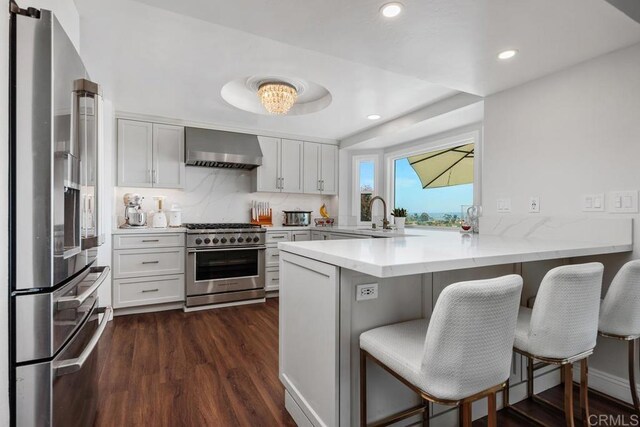 13655 Quinton Rd, San Diego, CA 92129 - kitchen featuring appliances with stainless steel finishes, wall chimney exhaust hood, a peninsula, dark wood-style floors, and recessed lighting