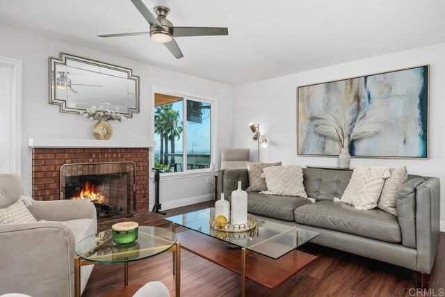 13655 Quinton Rd, San Diego, CA 92129 - living area featuring wood finished floors, a fireplace, and ceiling fan