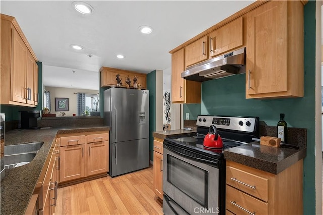 200 S Catalina Ave Unit 307, Redondo Beach, CA 90277 - kitchen with appliances with stainless steel finishes, under cabinet range hood, light wood-style flooring, recessed lighting, and dark countertops