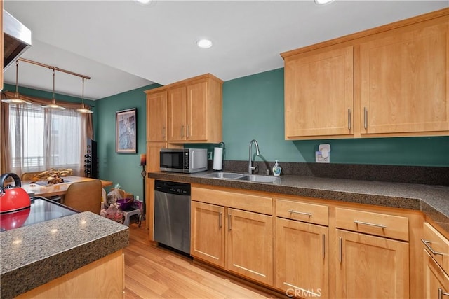 200 S Catalina Ave Unit 307, Redondo Beach, CA 90277 - kitchen with stainless steel appliances, light wood finished floors, recessed lighting, light brown cabinetry, and dark stone counters