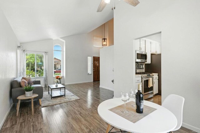 2760 Fieldbrook Way, Escondido, CA 92027 - living room featuring high vaulted ceiling, wood finished floors, and ceiling fan