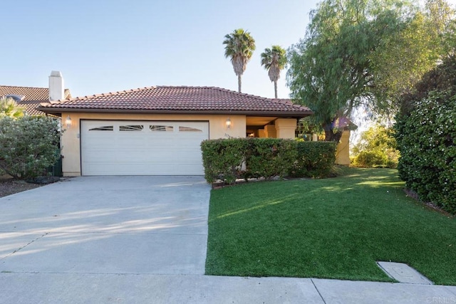 11705 Via Medanos, San Diego, CA 92128 - view of front of home featuring a tiled roof, driveway, an attached garage, a front yard, and stucco siding