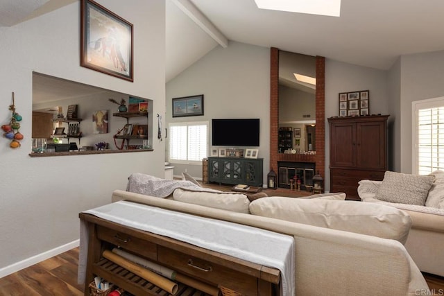 11705 Via Medanos, San Diego, CA 92128 - living room with dark wood-type flooring, beam ceiling, a brick fireplace, and high vaulted ceiling