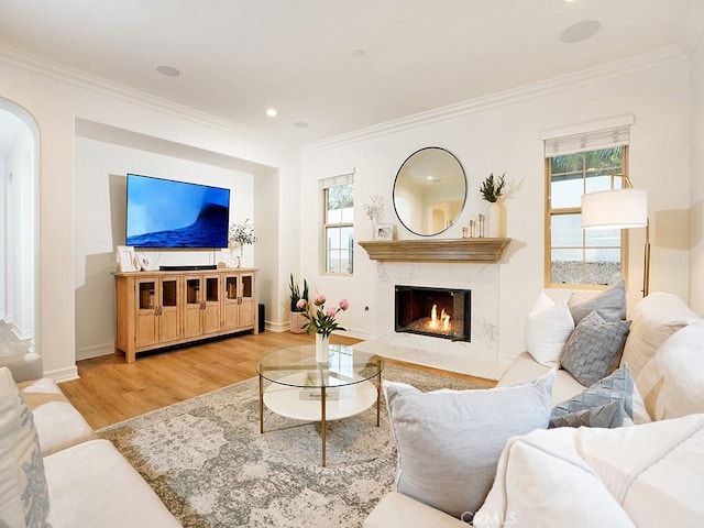 29 Via Timon, San Clemente, CA 92673 - living area featuring wood finished floors, crown molding, arched walkways, plenty of natural light, and a fireplace