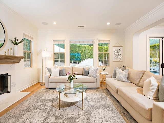29 Via Timon, San Clemente, CA 92673 - living room with wood finished floors, crown molding, recessed lighting, and arched walkways