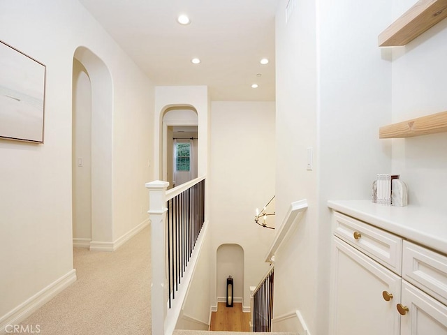 29 Via Timon, San Clemente, CA 92673 - hall with an upstairs landing, recessed lighting, arched walkways, and light carpet