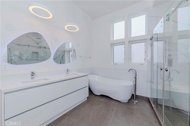 615 El Redondo Ave, Redondo Beach, CA 90277 - full bath featuring double vanity, a marble finish shower, a freestanding bath, and tile patterned flooring