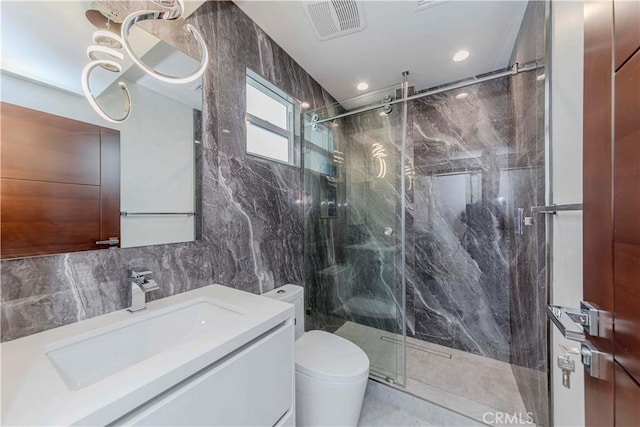 615 El Redondo Ave, Redondo Beach, CA 90277 - full bathroom with tile walls, a marble finish shower, vanity, and recessed lighting