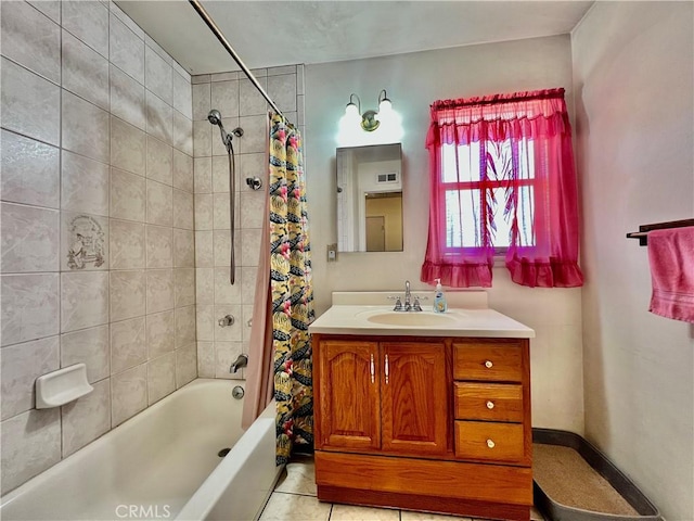8675 Colorado Ave, Riverside, CA 92504 - bathroom with shower / bath combo, vanity, and tile patterned floors