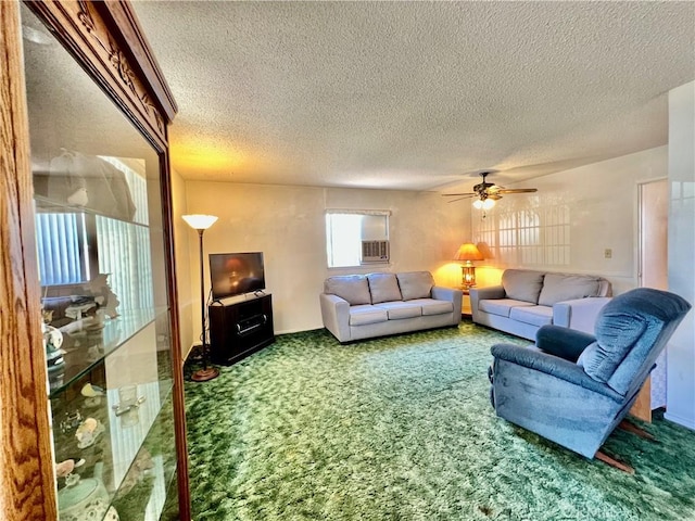 8675 Colorado Ave, Riverside, CA 92504 - living area featuring a textured ceiling, carpet floors, a ceiling fan, and cooling unit