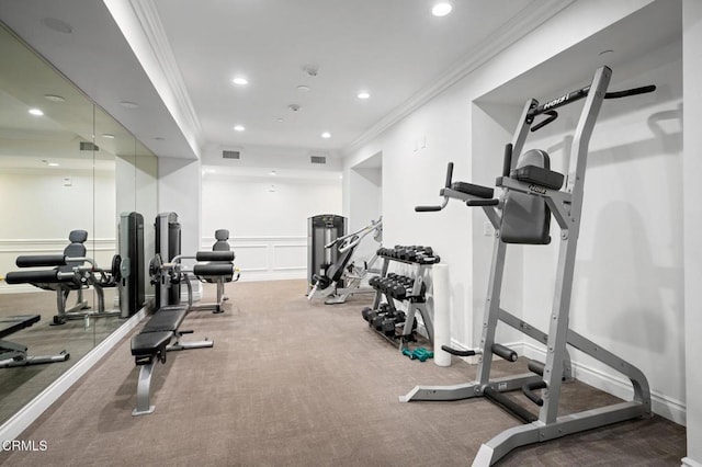 4424 Whitsett Ave Unit 102, Studio City, CA 91604 - exercise room with ornamental molding, a decorative wall, recessed lighting, wainscoting, and carpet flooring