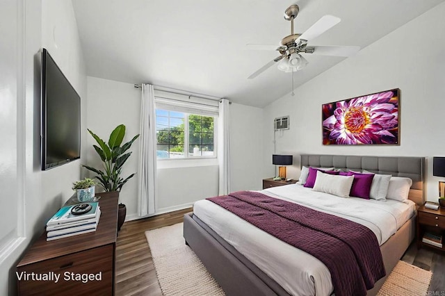 626 N Fig St, Escondido, CA 92025 - bedroom with lofted ceiling, wood finished floors, and a ceiling fan