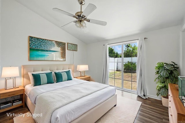 626 N Fig St, Escondido, CA 92025 - bedroom featuring access to outside, vaulted ceiling, wood finished floors, and ceiling fan