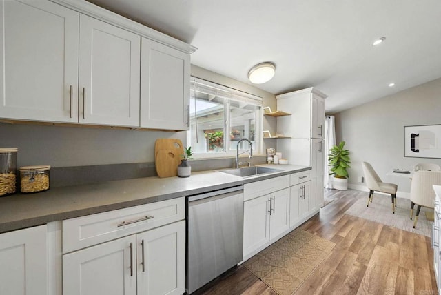 626 N Fig St, Escondido, CA 92025 - kitchen with dishwasher, white cabinets, light wood-type flooring, open shelves, and recessed lighting