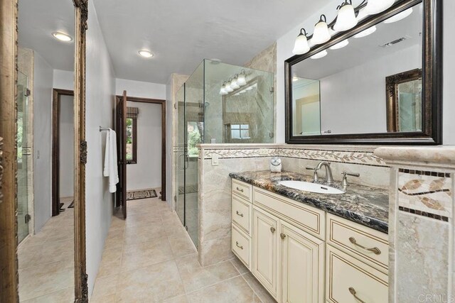 9 Rolling View Ln, Fallbrook, CA 92028 - full bath with vanity, a stall shower, and tile patterned flooring