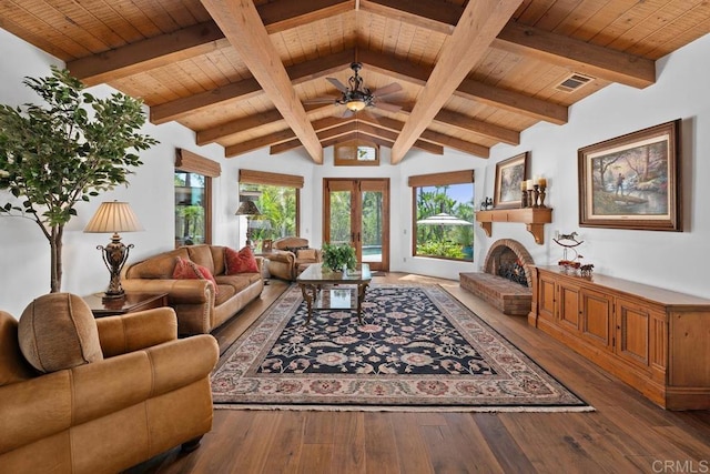 9 Rolling View Ln, Fallbrook, CA 92028 - living room featuring wooden ceiling, ceiling fan, wood-type flooring, a fireplace, and french doors