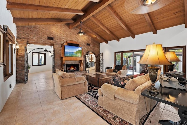 9 Rolling View Ln, Fallbrook, CA 92028 - living room with a wooden ceiling with exposed beams, light tile patterned flooring, a brick fireplace, brick wall, and high vaulted ceiling