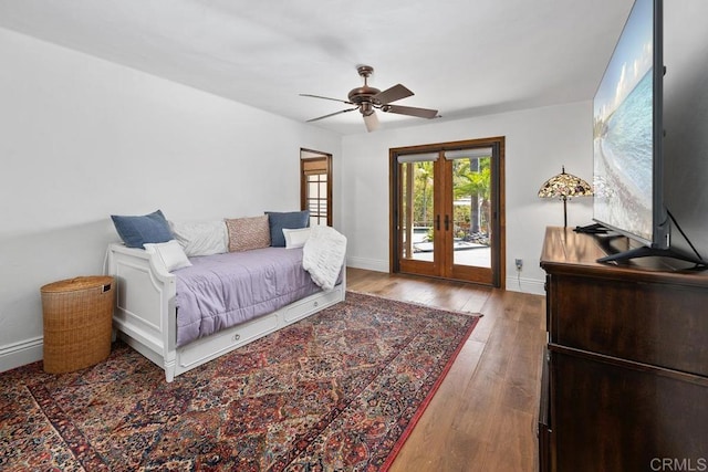 9 Rolling View Ln, Fallbrook, CA 92028 - bedroom with access to outside, french doors, hardwood / wood-style flooring, and a ceiling fan