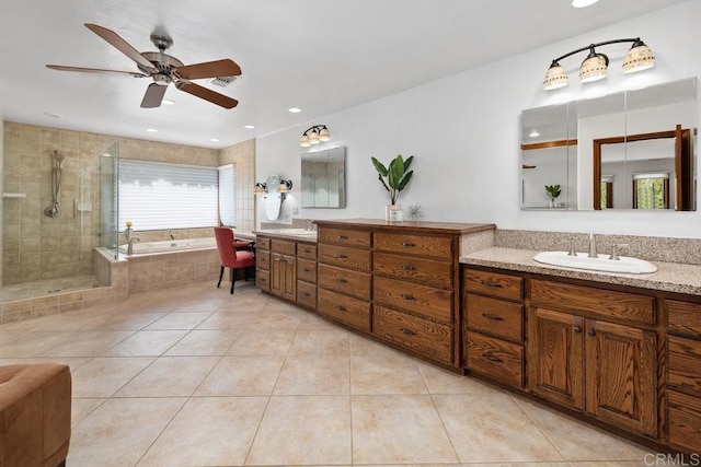 9 Rolling View Ln, Fallbrook, CA 92028 - bathroom with tile patterned floors, vanity, a bath, a tile shower, and a ceiling fan