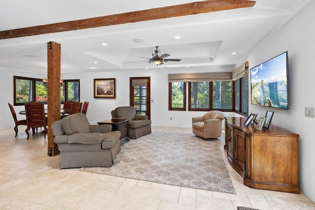 9 Rolling View Ln, Fallbrook, CA 92028 - living room featuring plenty of natural light, a tray ceiling, recessed lighting, and a ceiling fan