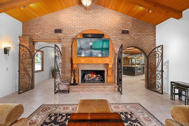 9 Rolling View Ln, Fallbrook, CA 92028 - living room with tile patterned flooring, wood ceiling, brick wall, and a brick fireplace