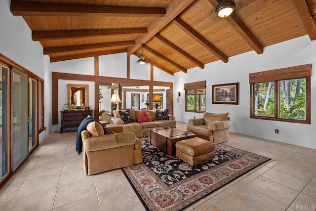 9 Rolling View Ln, Fallbrook, CA 92028 - living room featuring a wood ceiling with exposed beams, light tile patterned flooring, and high vaulted ceiling