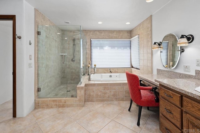 9 Rolling View Ln, Fallbrook, CA 92028 - full bath featuring a garden tub, vanity, tile patterned flooring, a shower stall, and recessed lighting