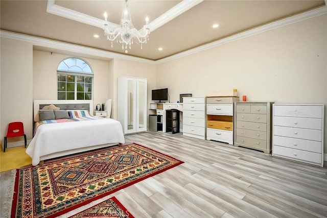 162 Dusty Rose Ct, Simi Valley, CA 93065 - bedroom with ornamental molding, light wood-style flooring, a chandelier, a raised ceiling, and recessed lighting