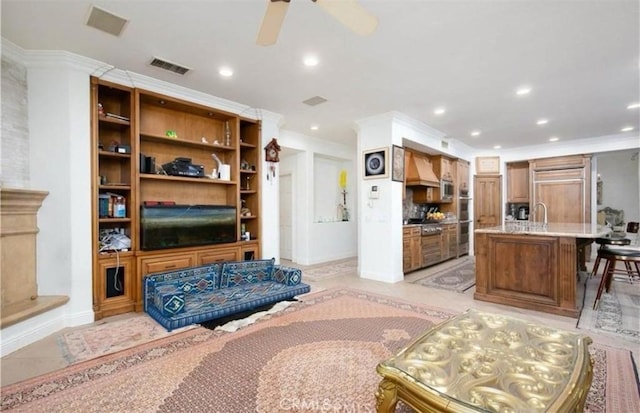 162 Dusty Rose Ct, Simi Valley, CA 93065 - living room featuring recessed lighting, ceiling fan, crown molding, and light tile patterned flooring