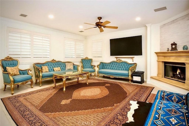 162 Dusty Rose Ct, Simi Valley, CA 93065 - living area with a ceiling fan, crown molding, and a glass covered fireplace