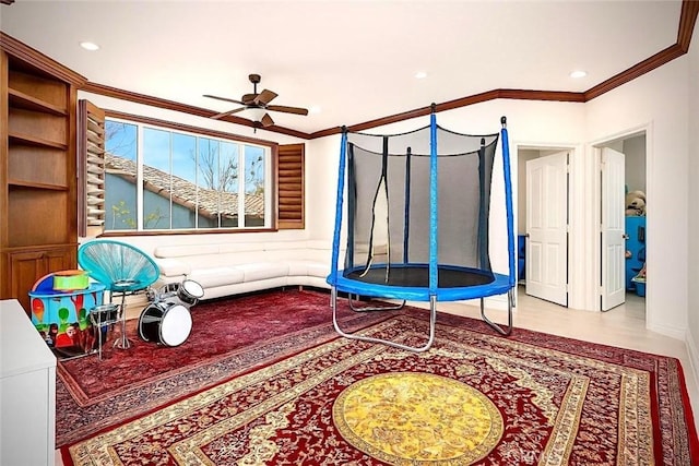 162 Dusty Rose Ct, Simi Valley, CA 93065 - game room with a ceiling fan, recessed lighting, crown molding, and wood finished floors