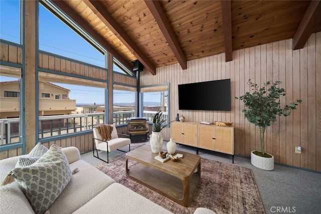 1565 Strand Way, Oceano, CA 93445 - living room featuring carpet flooring, wood ceiling, and wood walls