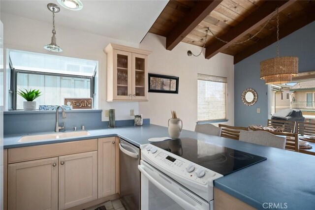 1565 Strand Way, Oceano, CA 93445 - kitchen with white electric range oven, dishwasher, wood ceiling, glass insert cabinets, and pendant lighting